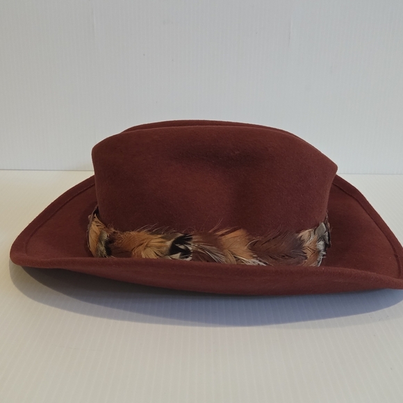 Betmar New York 100% Wool Hat Cowboy Fedora Style Red Rust Designer Feather Band - Picture 5 of 16